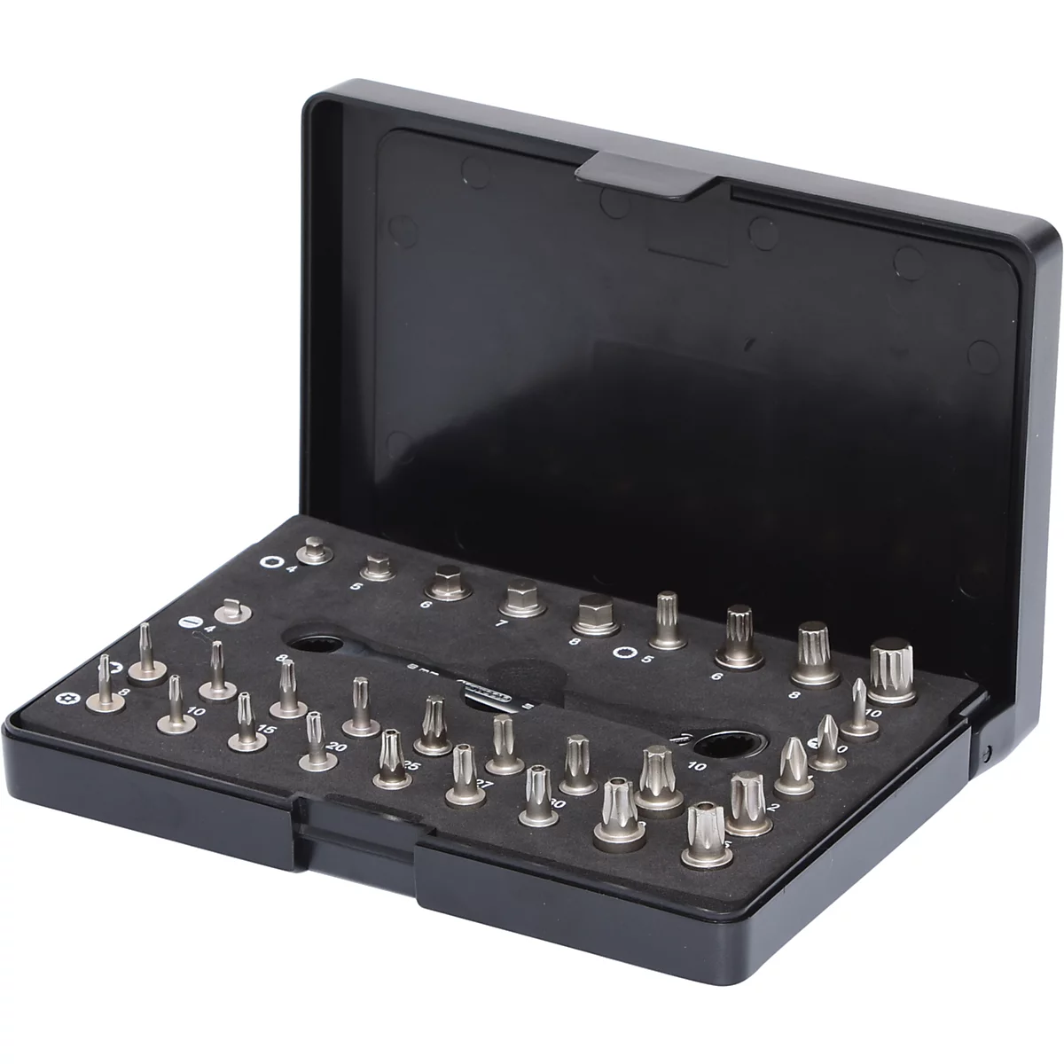 Schwarzer Werkzeugkasten, geöffnet, mit verschiedenen Schraubendreher Bits.